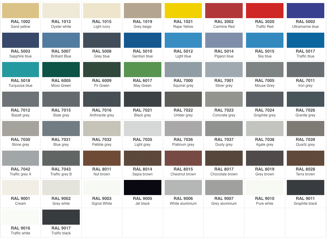 Sunray Doors Colour Charts